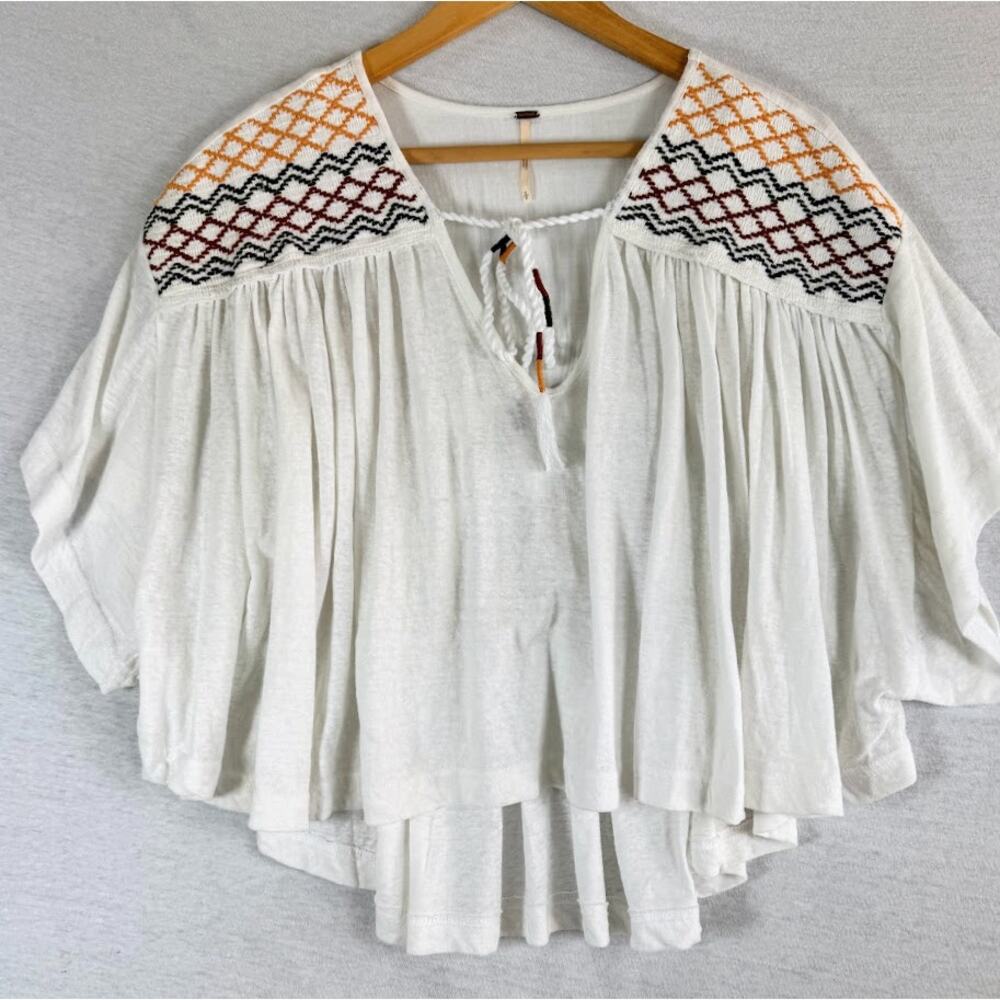Free People Embroidered Market Tee V-Neck Top Women Size S